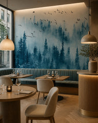 Blue misty forest wallpaper in a restaurant.