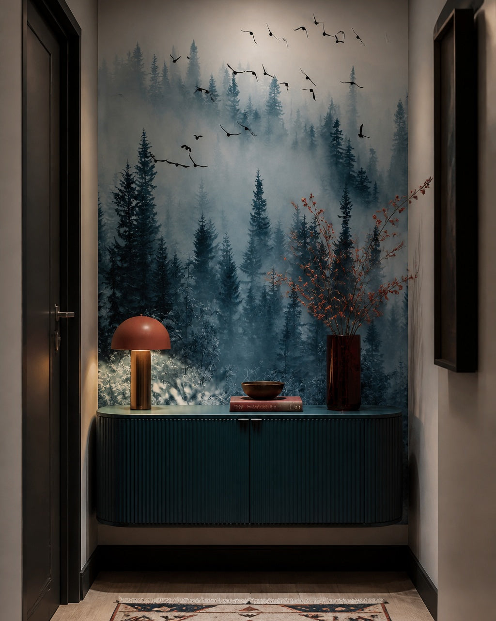 Blue misty forest wallpaper in an architectural hallway.