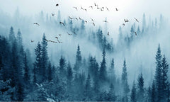 Custom Enchanted Misty Forest Wall Mural Wallpaper - Foggy Pines with Soaring Birds