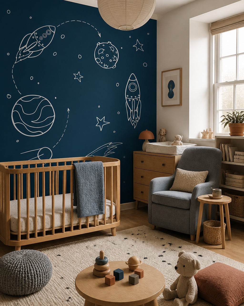 Hand-drawn rockets & planets navy space wallpaper in a modern nursery with a crib.