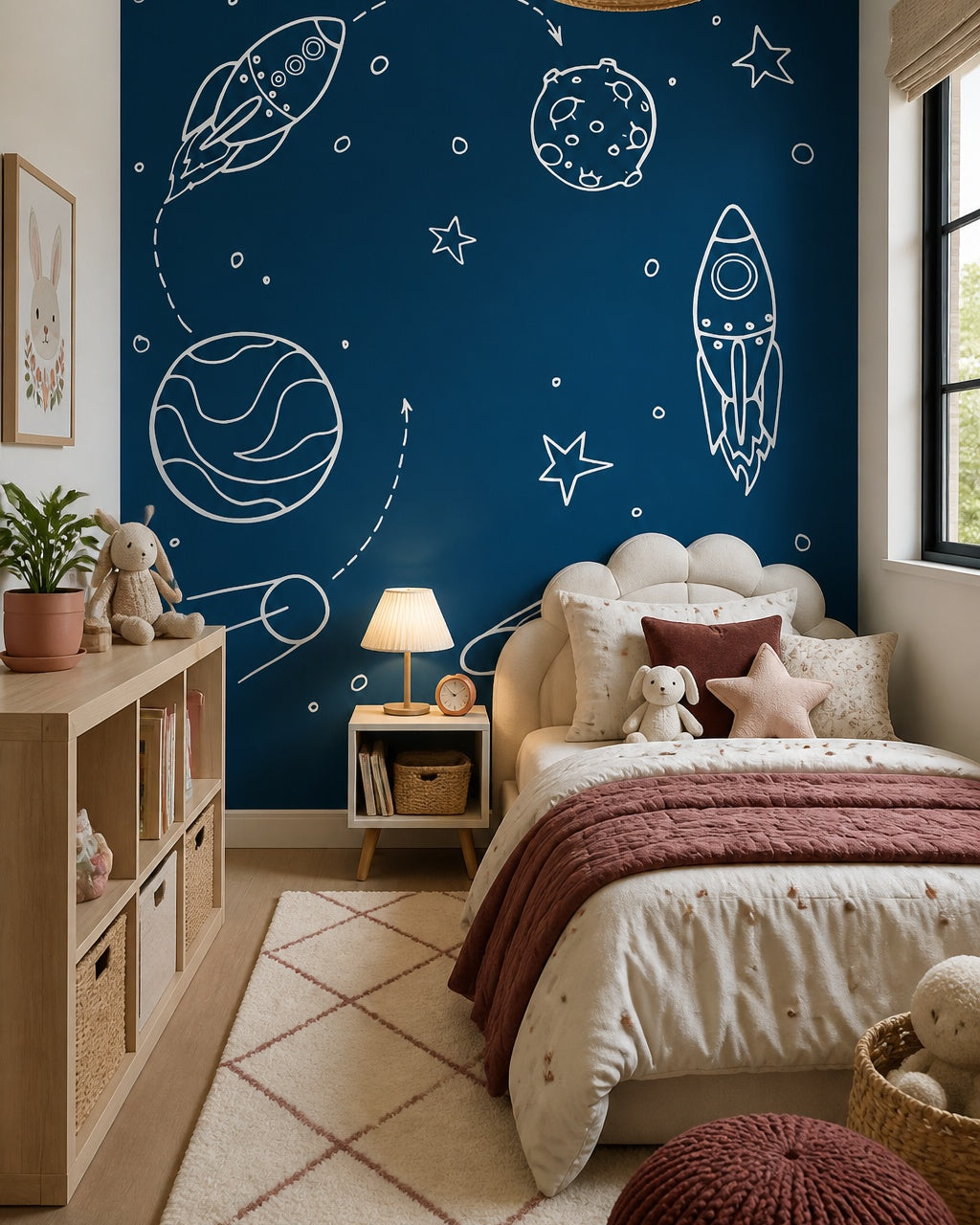 Hand-drawn rockets & planets navy space wallpaper in a girl’s bedroom.