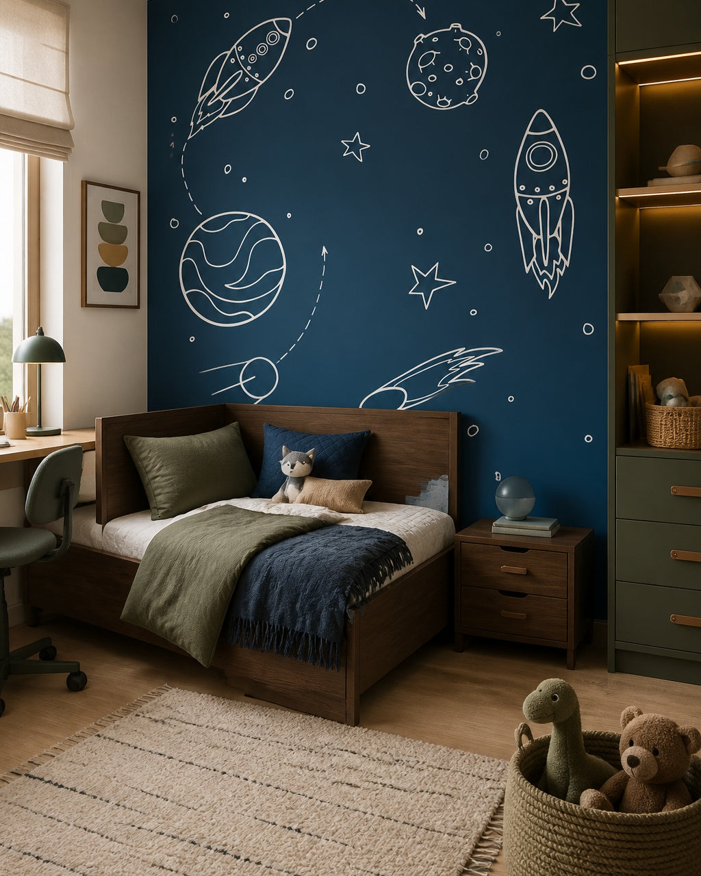 Hand-drawn rockets & planets navy space wallpaper in a boy’s bedroom.