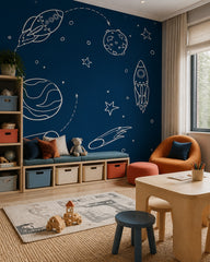 Hand-drawn rockets & planets navy space wallpaper in a children’s playroom.