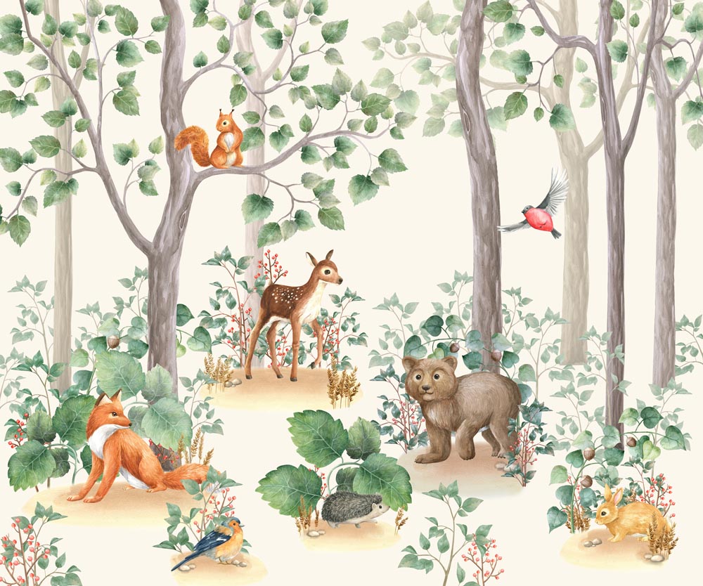 Kids Wall Mural Woodland Animals Cartoon Forest Wallpaper for Kids  Room