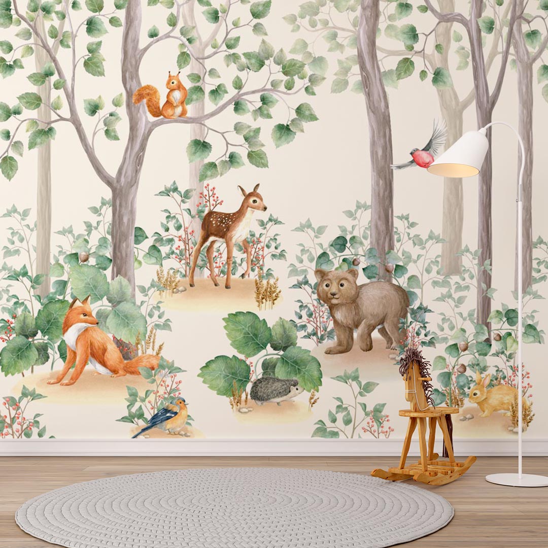 Kids Wall Mural Woodland Animals Cartoon Forest Wallpaper for Kids  Room