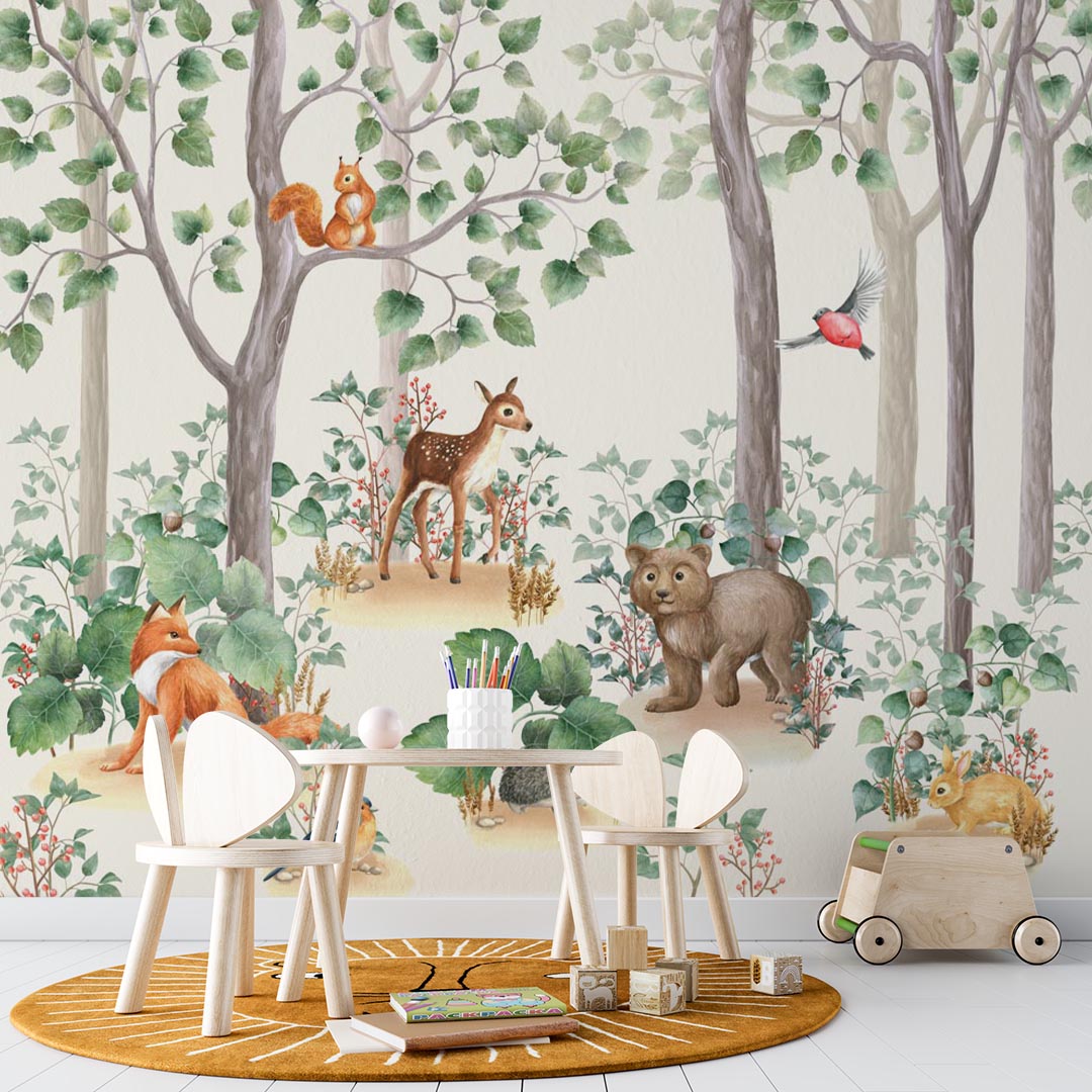 Kids Wall Mural Woodland Animals Cartoon Forest Wallpaper for Kids  Room