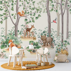 Custom Kids Wall Mural Woodland Animals Cartoon Forest Wallpaper for Kids  Room