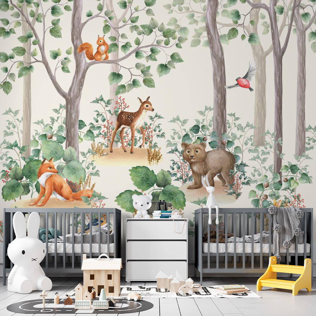 Kids Wall Mural Woodland Animals Cartoon Forest Wallpaper for Kids  Room