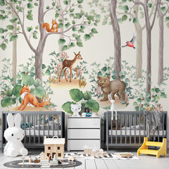 Custom Kids Wall Mural Woodland Animals Cartoon Forest Wallpaper for Kids  Room