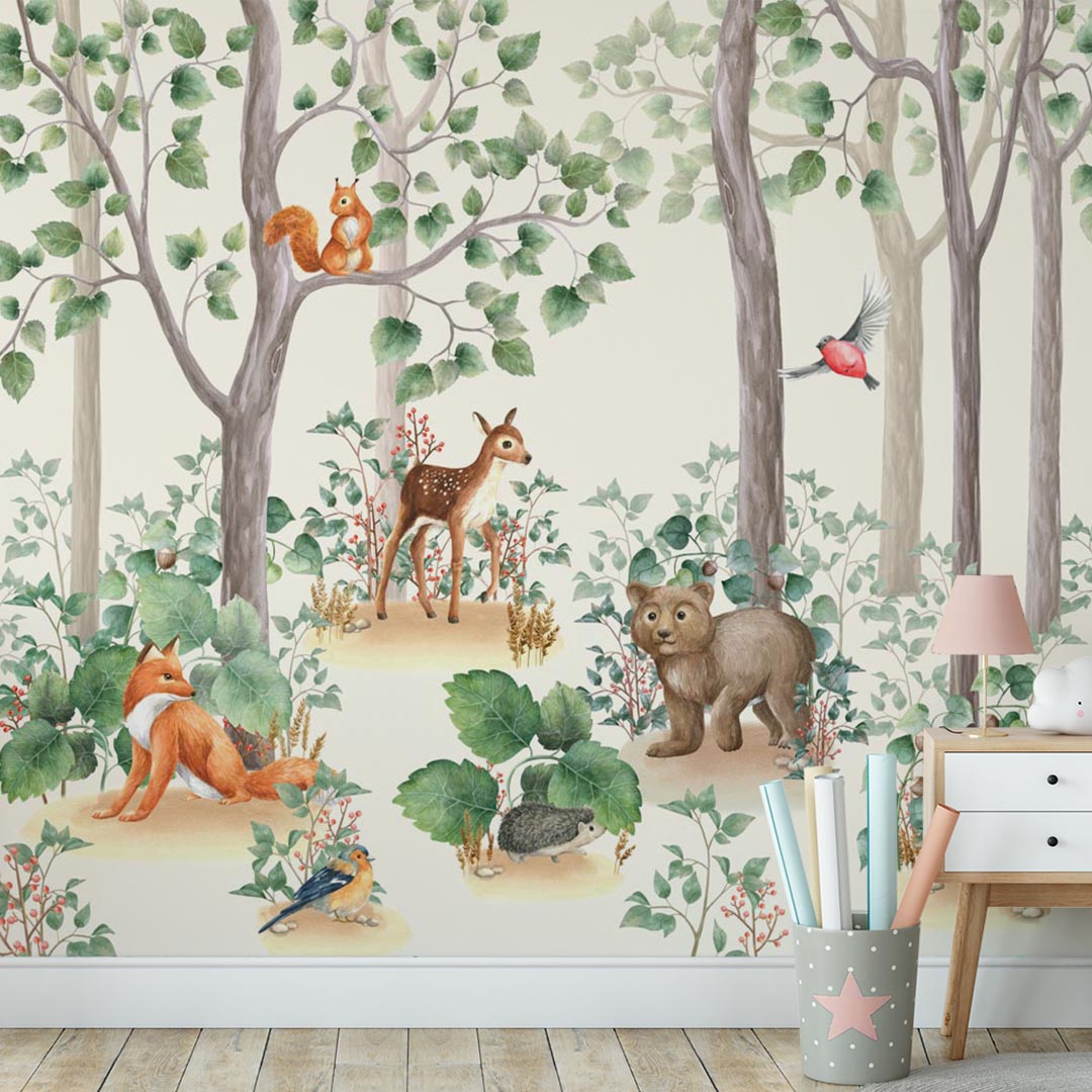 Kids Wall Mural Woodland Animals Cartoon Forest Wallpaper for Kids  Room