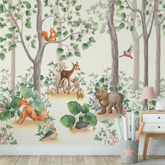 Custom Kids Wall Mural Woodland Animals Cartoon Forest Wallpaper for Kids  Room