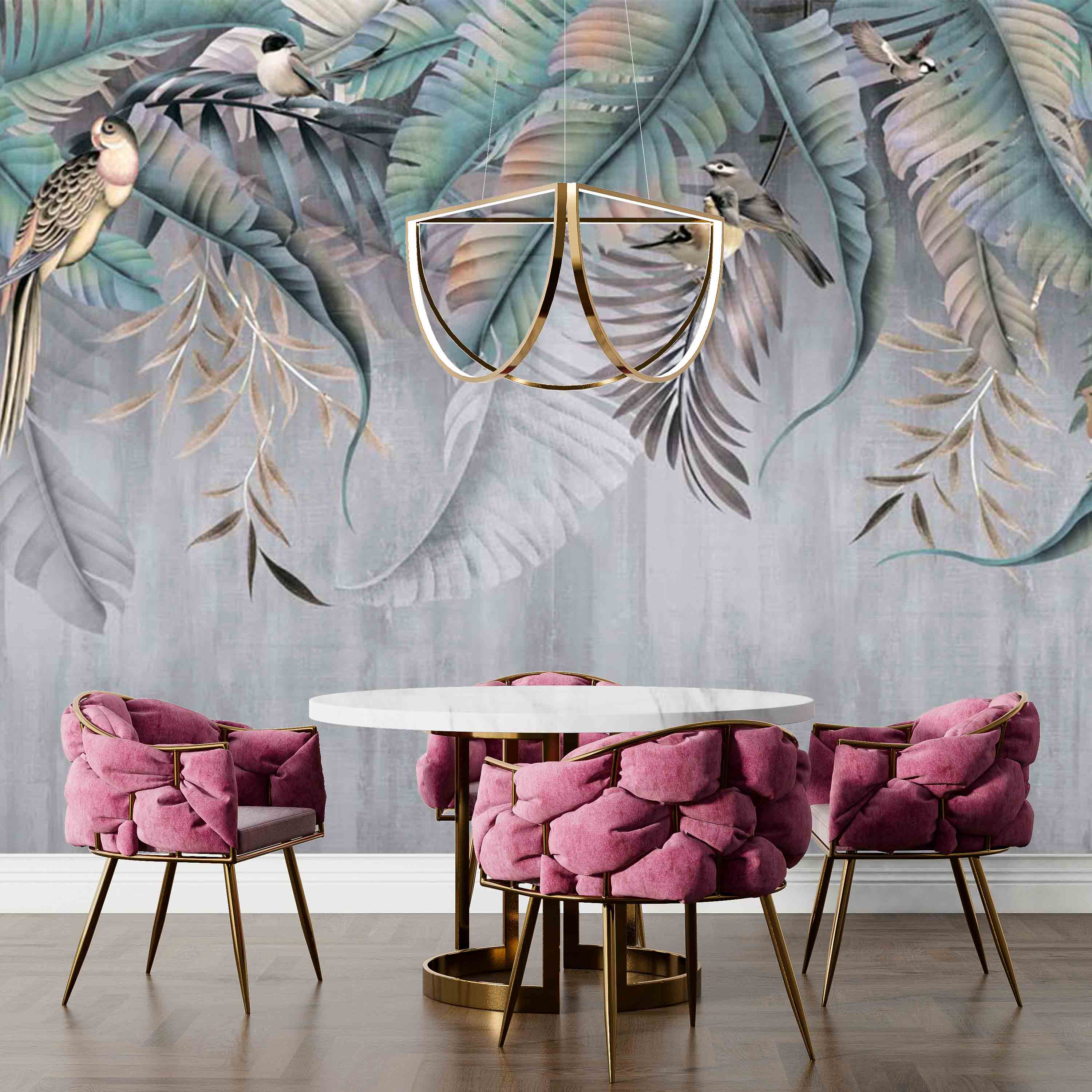 Tropical Palm Leaf Wallpaper Magic Jungle Forest Fern Birds Wall Mural Grey