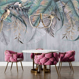 Tropical Palm Leaf Wallpaper Magic Jungle Forest Fern Birds Wall Mural Grey