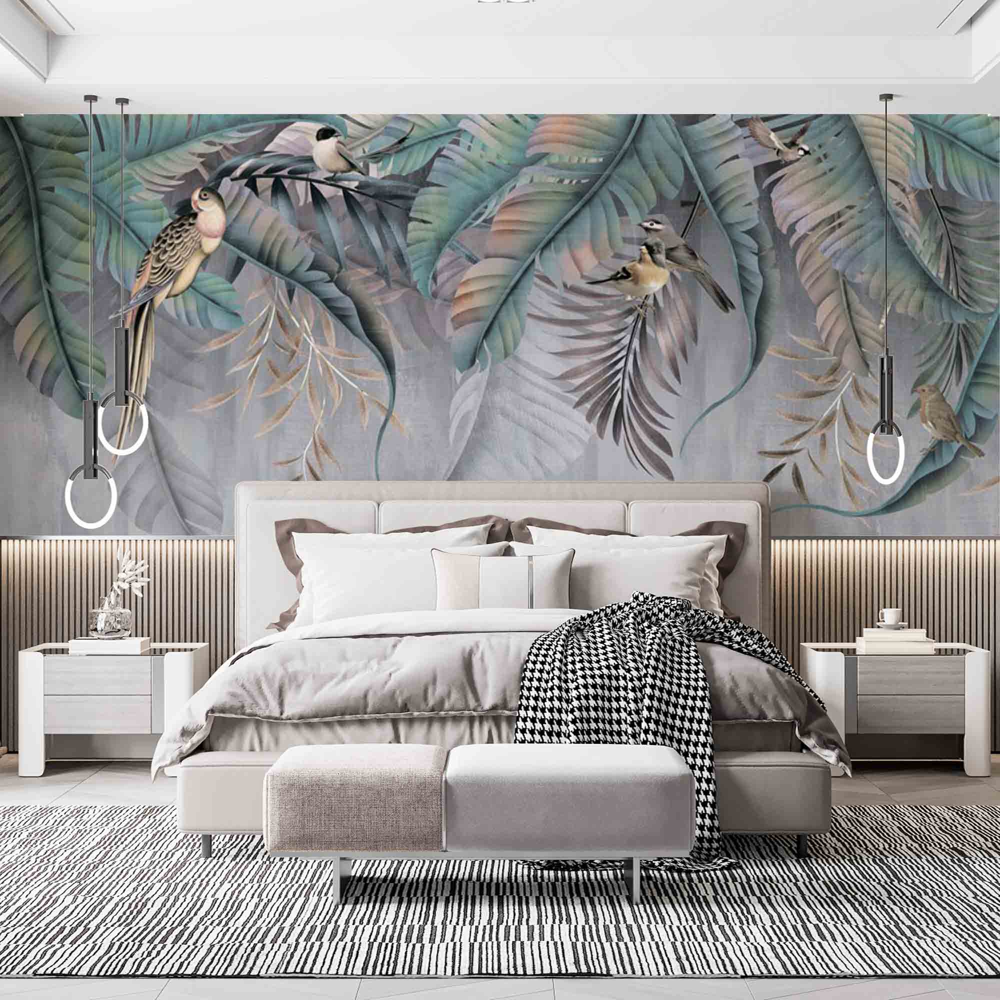 Tropical Palm Leaf Wallpaper Magic Jungle Forest Fern Birds Wall Mural Grey