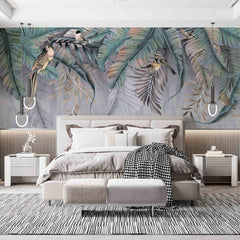 Custom Tropical Palm Leaf Wallpaper Magic Jungle Forest Fern Birds Wall Mural Grey