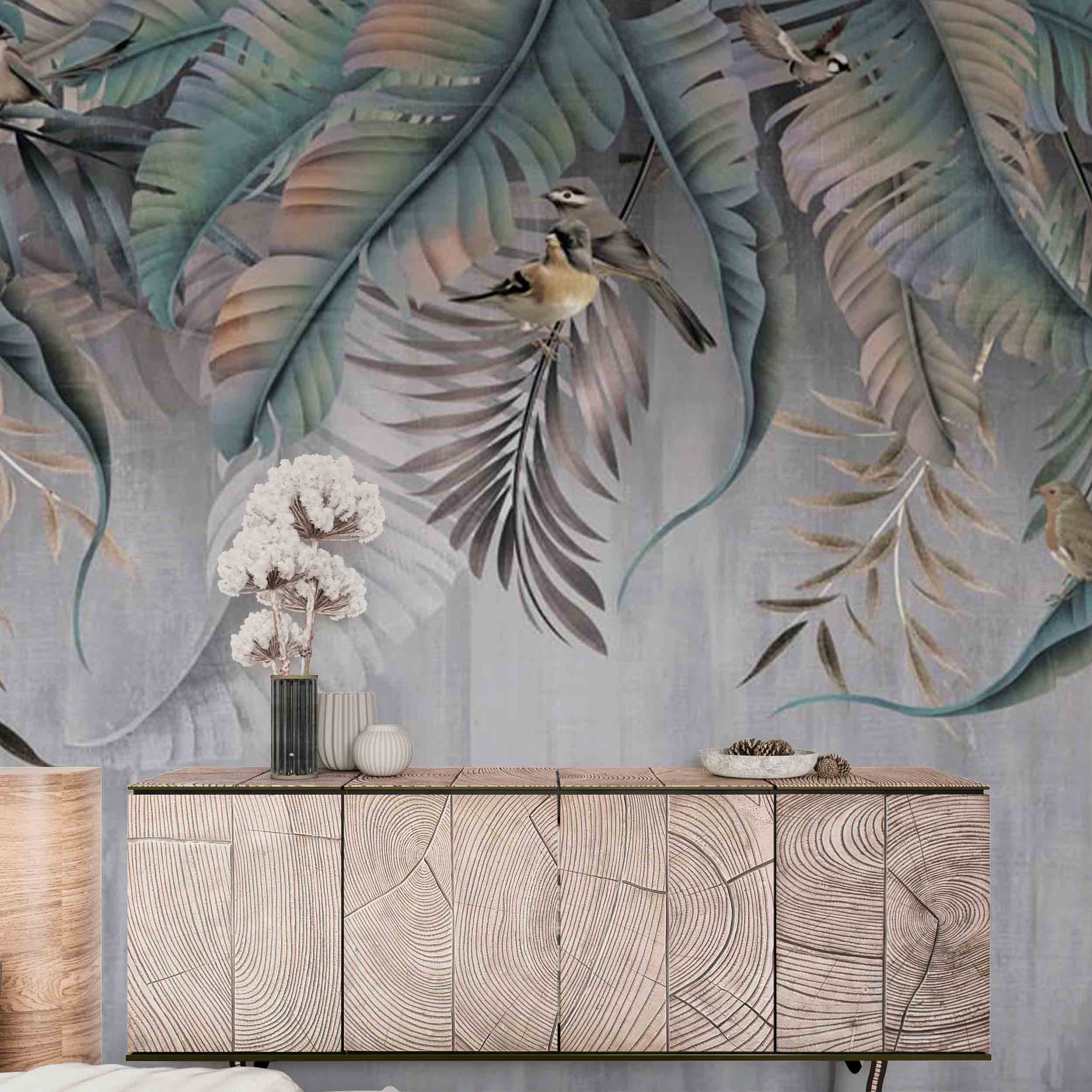 Tropical Palm Leaf Wallpaper Magic Jungle Forest Fern Birds Wall Mural Grey