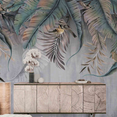 Custom Tropical Palm Leaf Wallpaper Magic Jungle Forest Fern Birds Wall Mural Grey