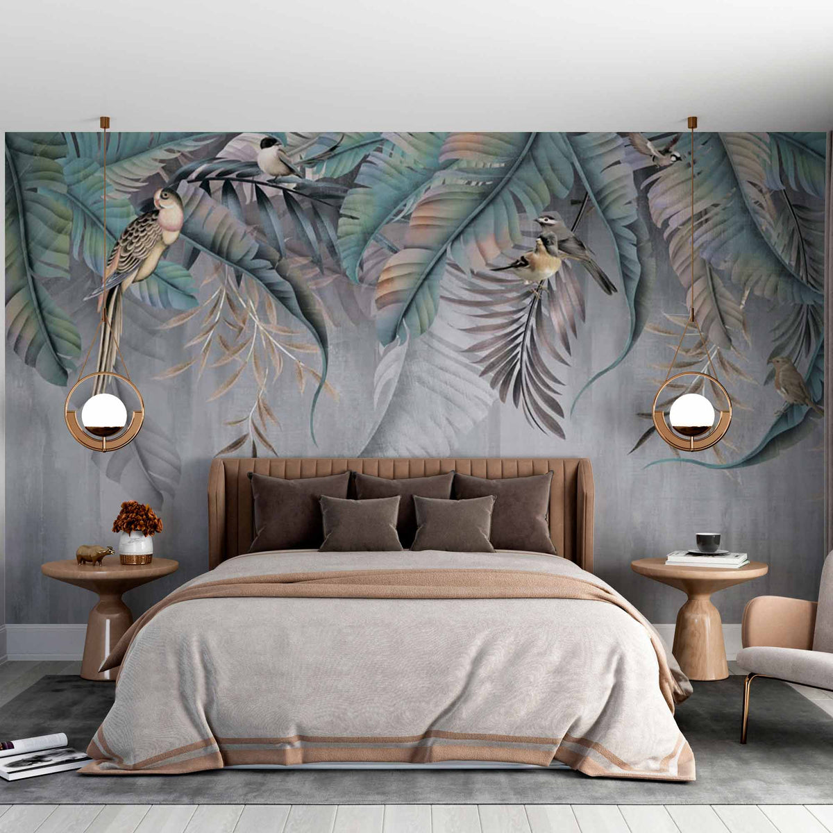 Tropical Palm Leaf Wallpaper Magic Jungle Forest Fern Birds Wall Mural Grey