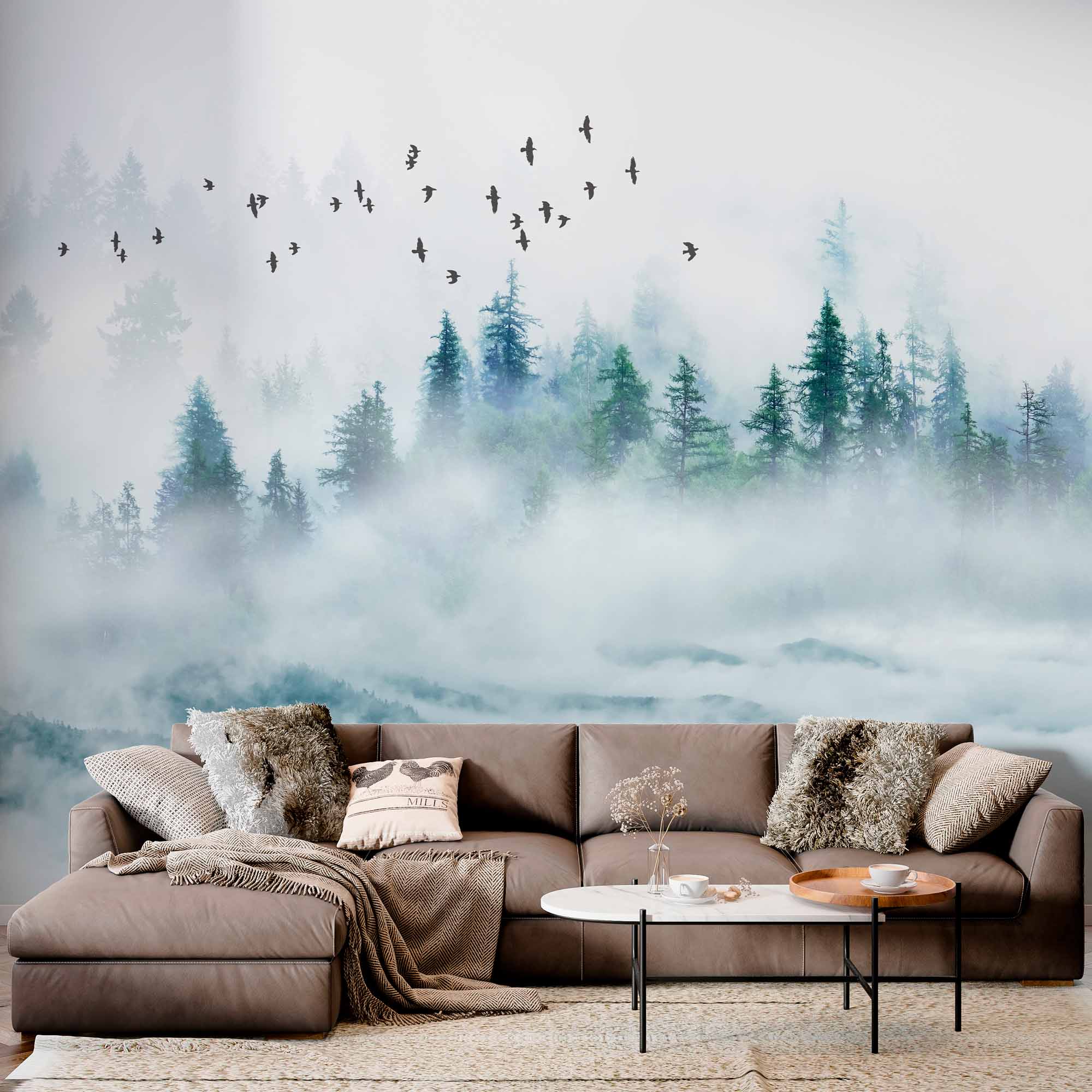 Misty Mountain Forest Wall Mural Wallpaper - Enchanting Fog with Soaring Birds