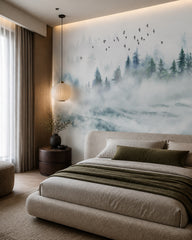 Misty mountain forest wallpaper in a designer bedroom.