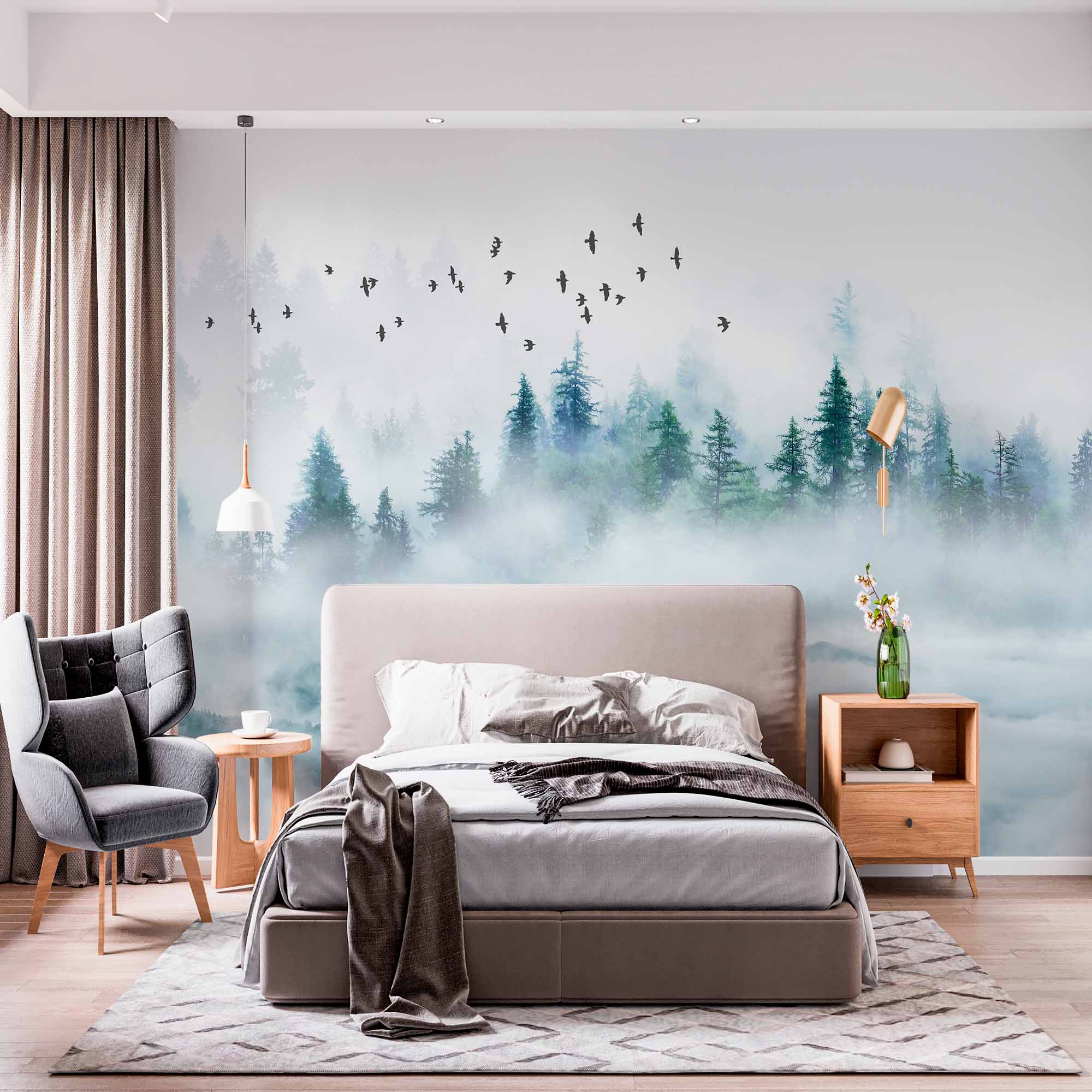 Misty Mountain Forest Wall Mural Wallpaper - Enchanting Fog with Soaring Birds