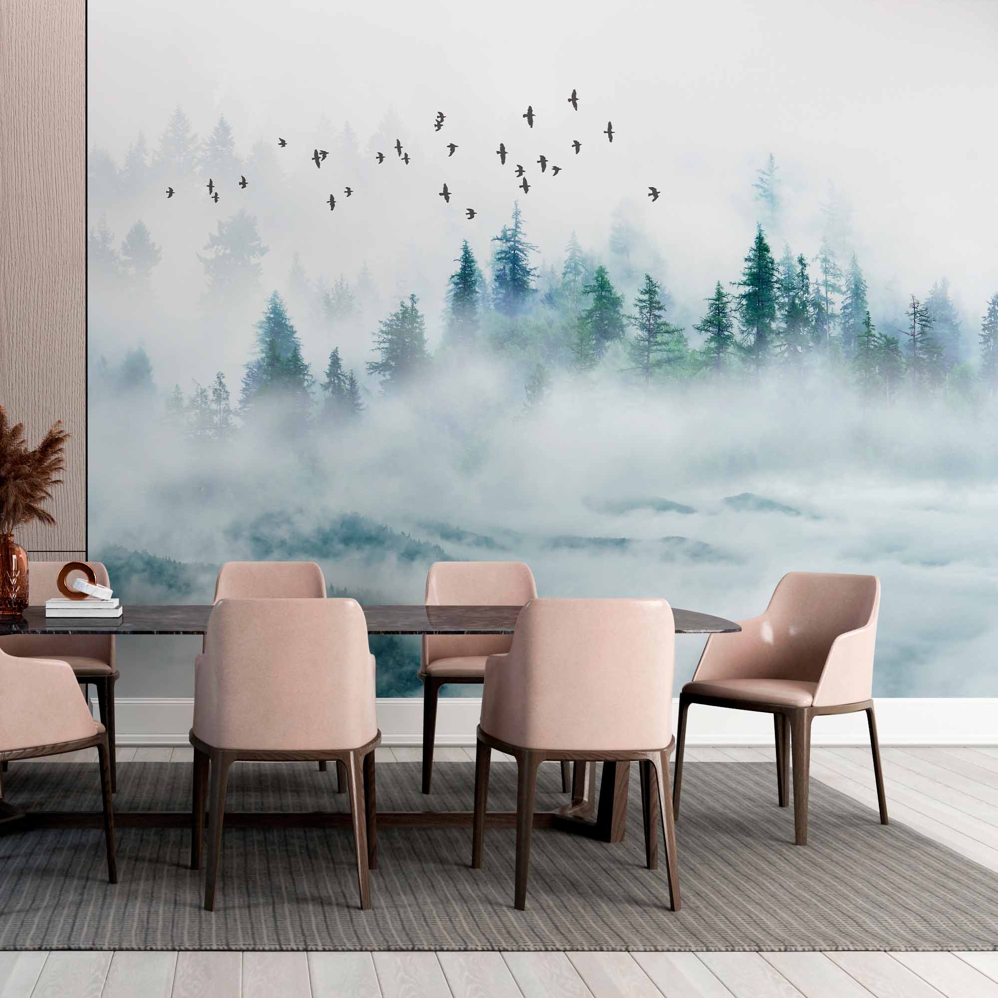 Misty Mountain Forest Wall Mural Wallpaper - Enchanting Fog with Soaring Birds