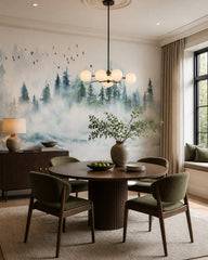 Misty mountain forest wallpaper in a refined dining area.