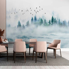 Custom Misty Mountain Forest Wall Mural Wallpaper - Enchanting Fog with Soaring Birds