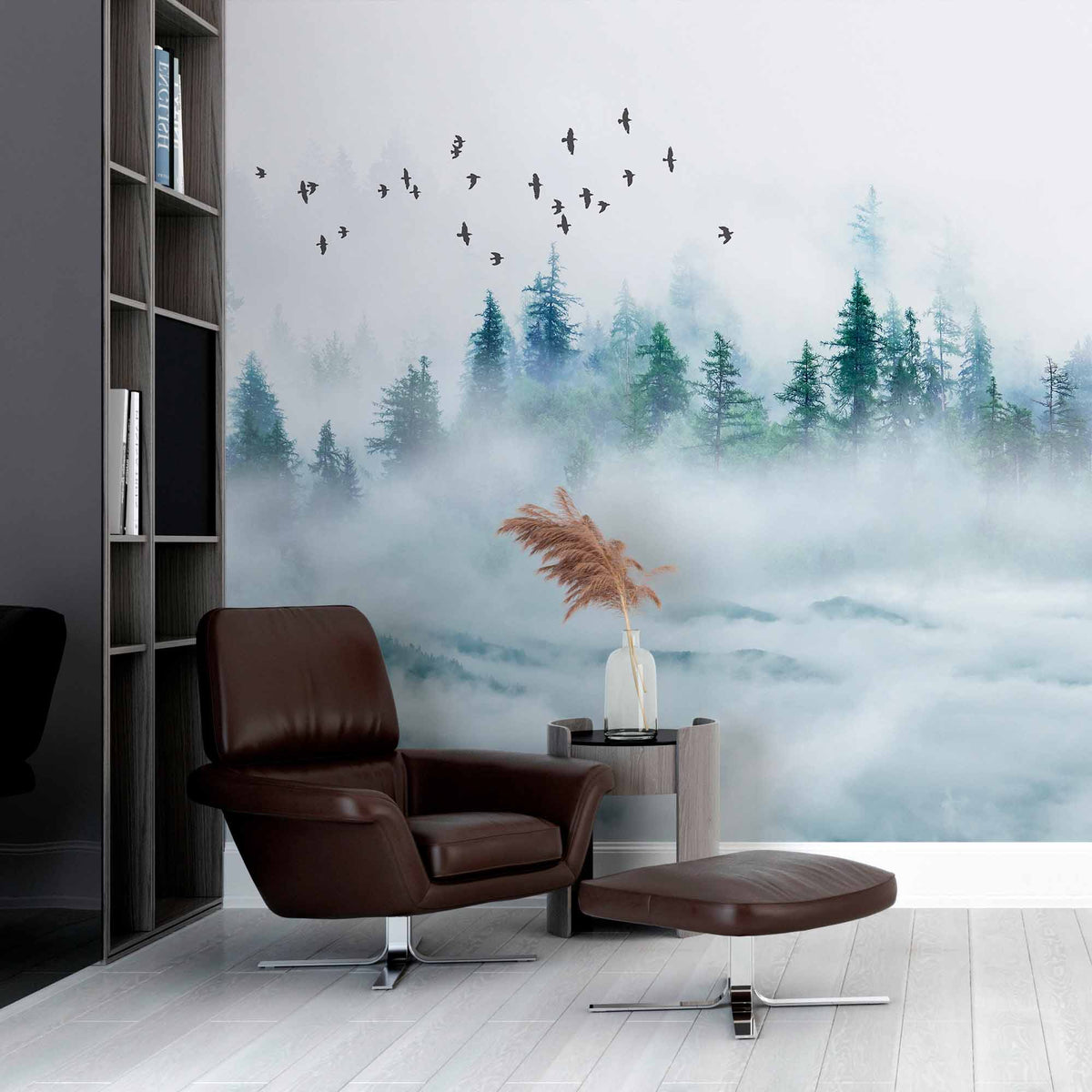 Custom Misty Mountain Forest Wall Mural Wallpaper - Enchanting Fog with Soaring Birds