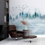 Misty Mountain Forest Wall Mural Wallpaper - Enchanting Fog with Soaring Birds