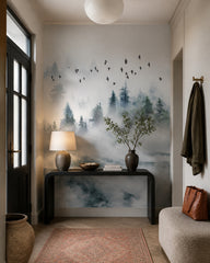 Misty mountain forest wallpaper in a designer entrance hall.