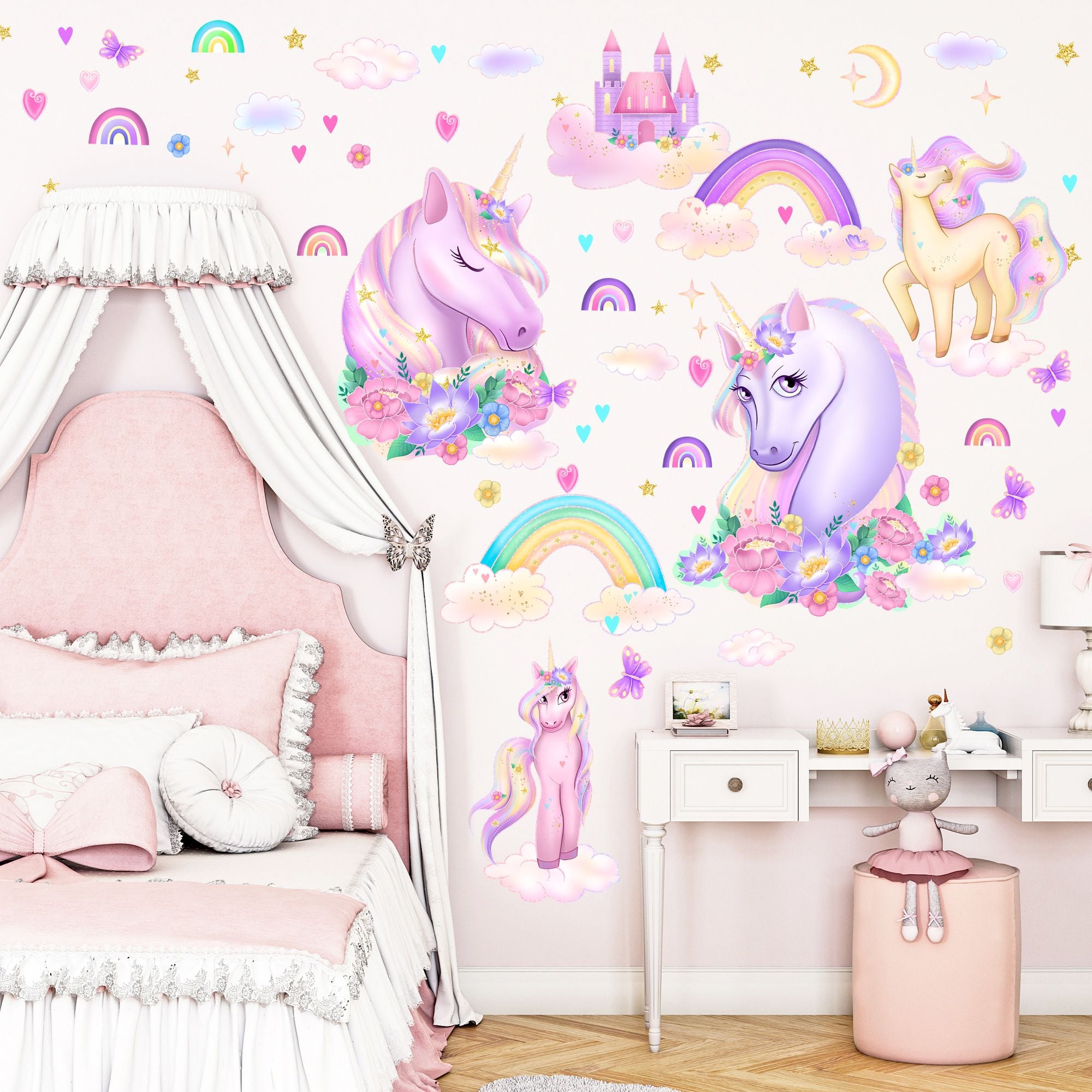 Large Unicorn Wall Stickers Pack - Bright Kids Wall Decals for Girls Room