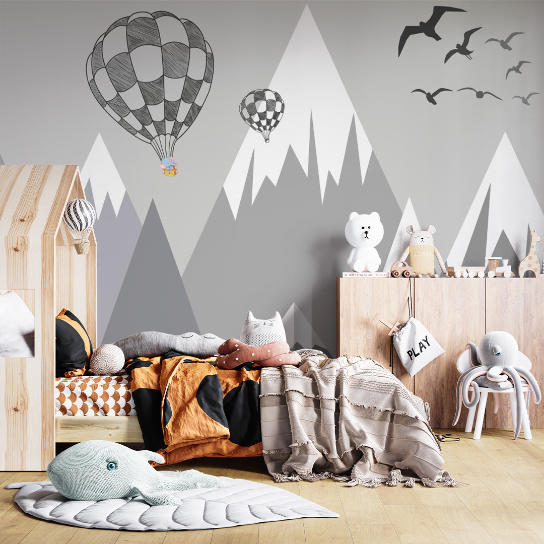 Kids Wall Murals Grey Mountains Ballon Wallpaper for Kids