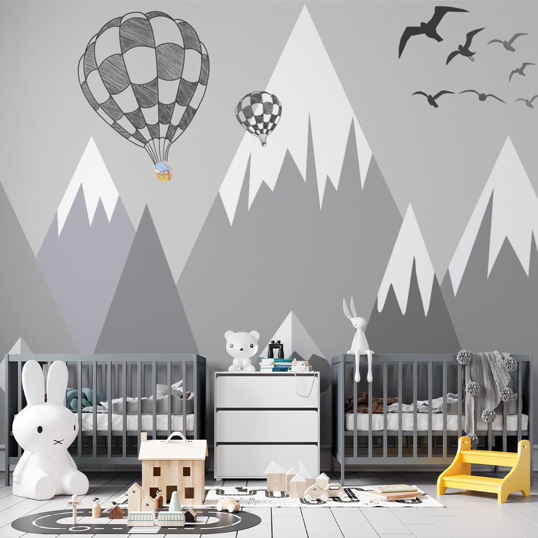 Kids Wall Murals Grey Mountains Ballon Wallpaper for Kids