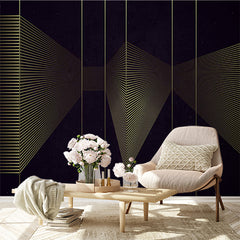 Custom Modern Abstract Golden Line Art on Black Background Wall Mural Wallpaper - Futuristic Geometric Design