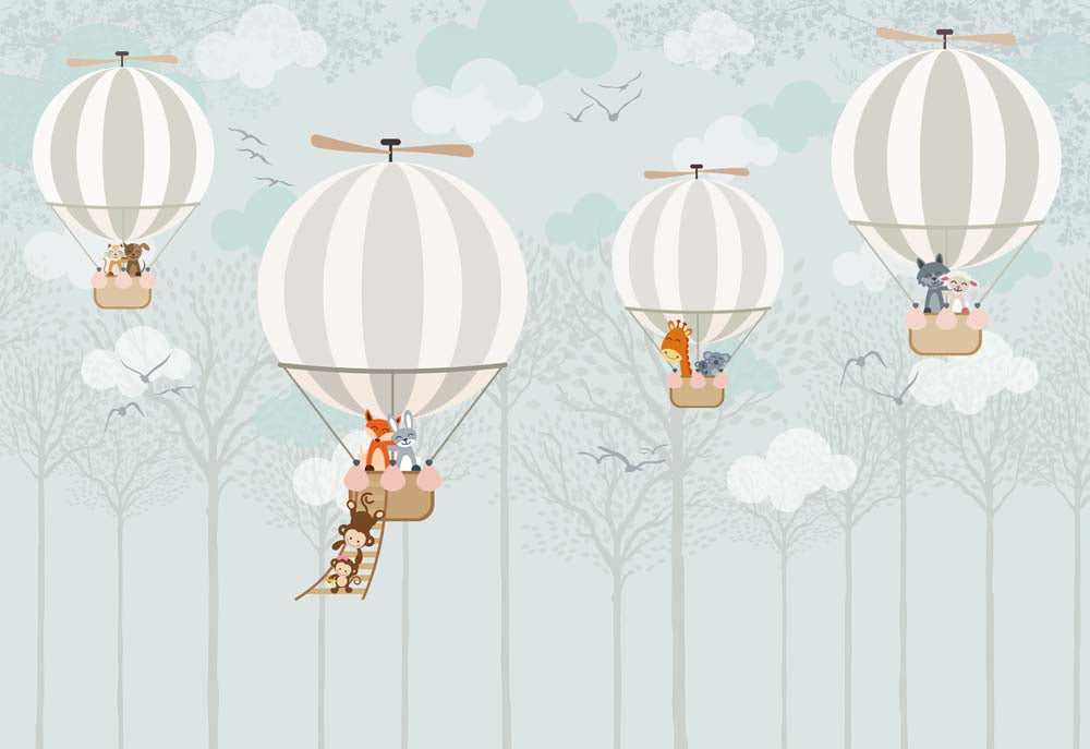 Kids Wall Murals Whimsical Air Balloon Cute Animals Forest Minimal Design Wallpaper for Kids