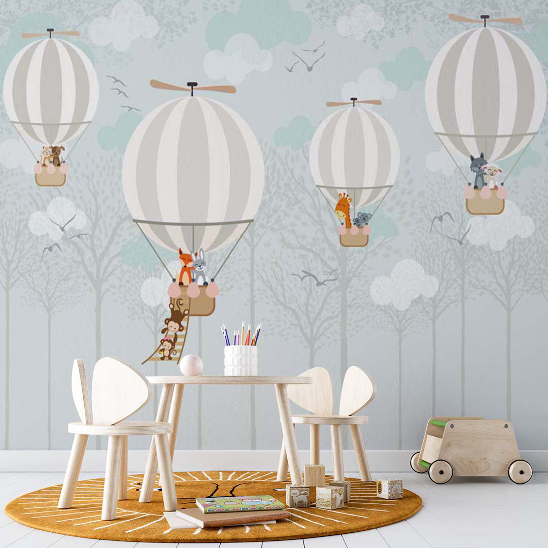 Kids Wall Murals Whimsical Air Balloon Cute Animals Forest Minimal Design Wallpaper for Kids