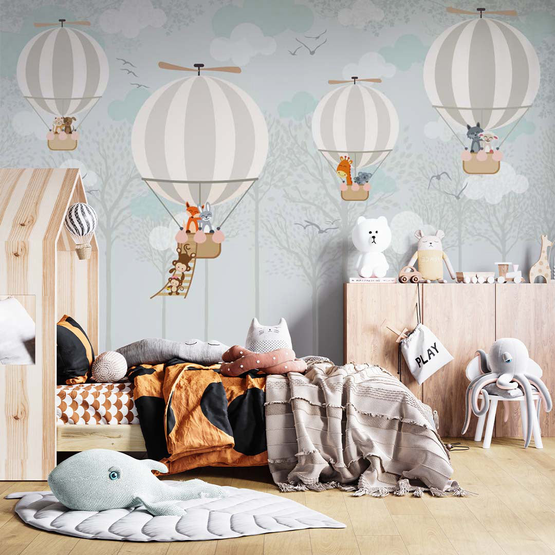 Kids Wall Murals Whimsical Air Balloon Cute Animals Forest Minimal Design Wallpaper for Kids