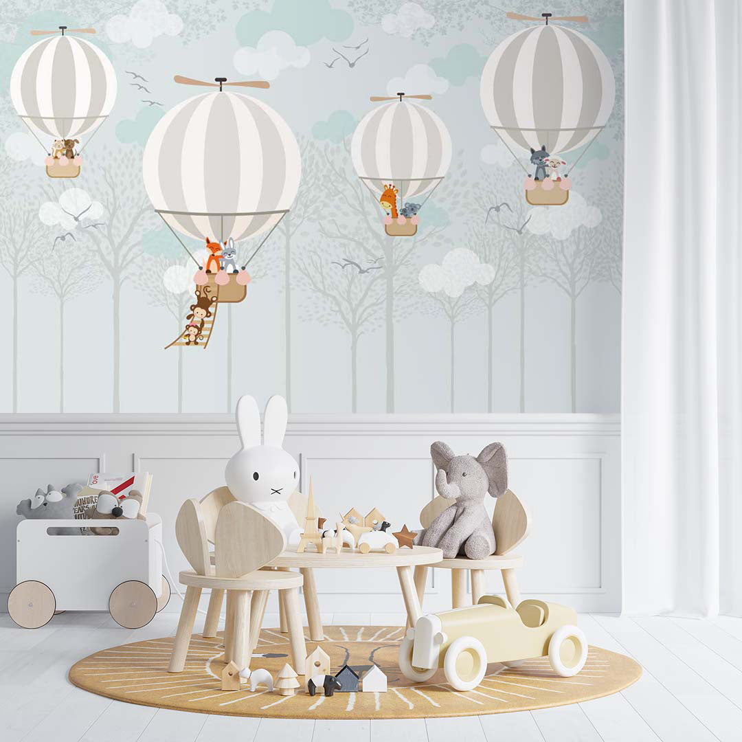 Kids Wall Murals Whimsical Air Balloon Cute Animals Forest Minimal Design Wallpaper for Kids