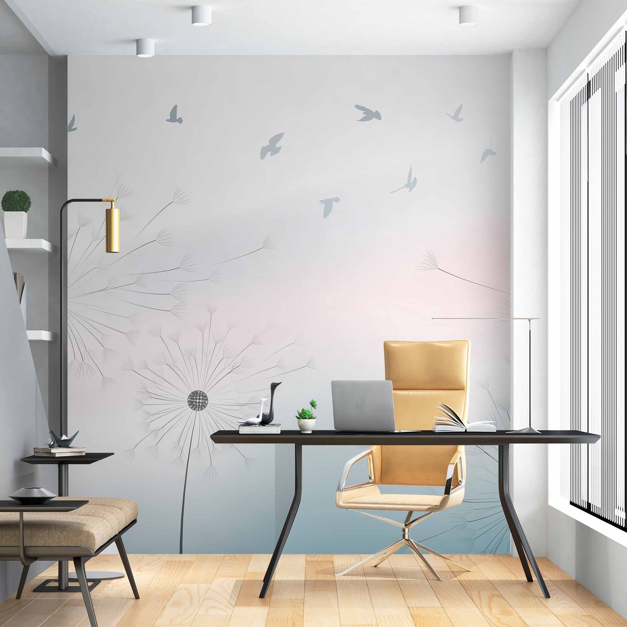 Serene Dandelion and Birds Wall Mural - Soft Pastel Gradient Background Wallpaper