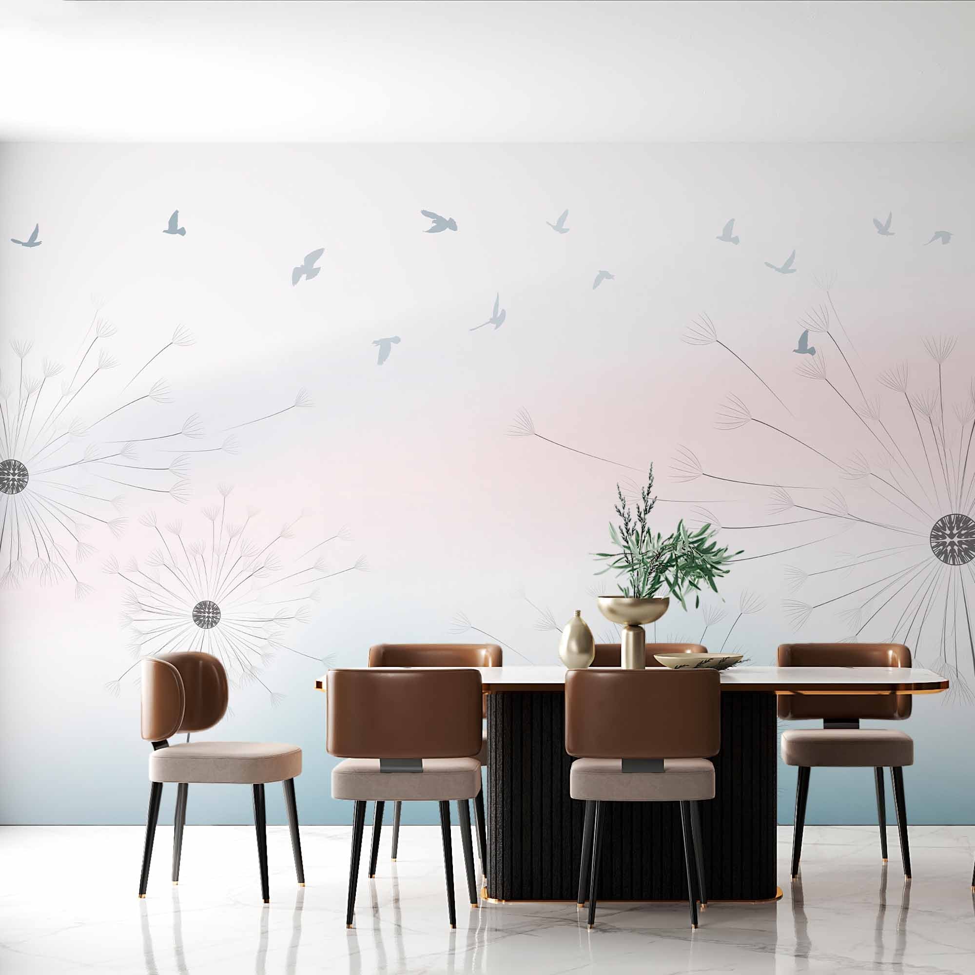 Serene Dandelion and Birds Wall Mural - Soft Pastel Gradient Background Wallpaper