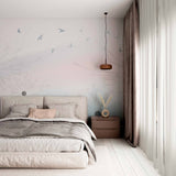 Serene Dandelion and Birds Wall Mural - Soft Pastel Gradient Background Wallpaper