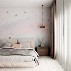 Custom Serene Dandelion and Birds Wall Mural - Soft Pastel Gradient Background Wallpaper