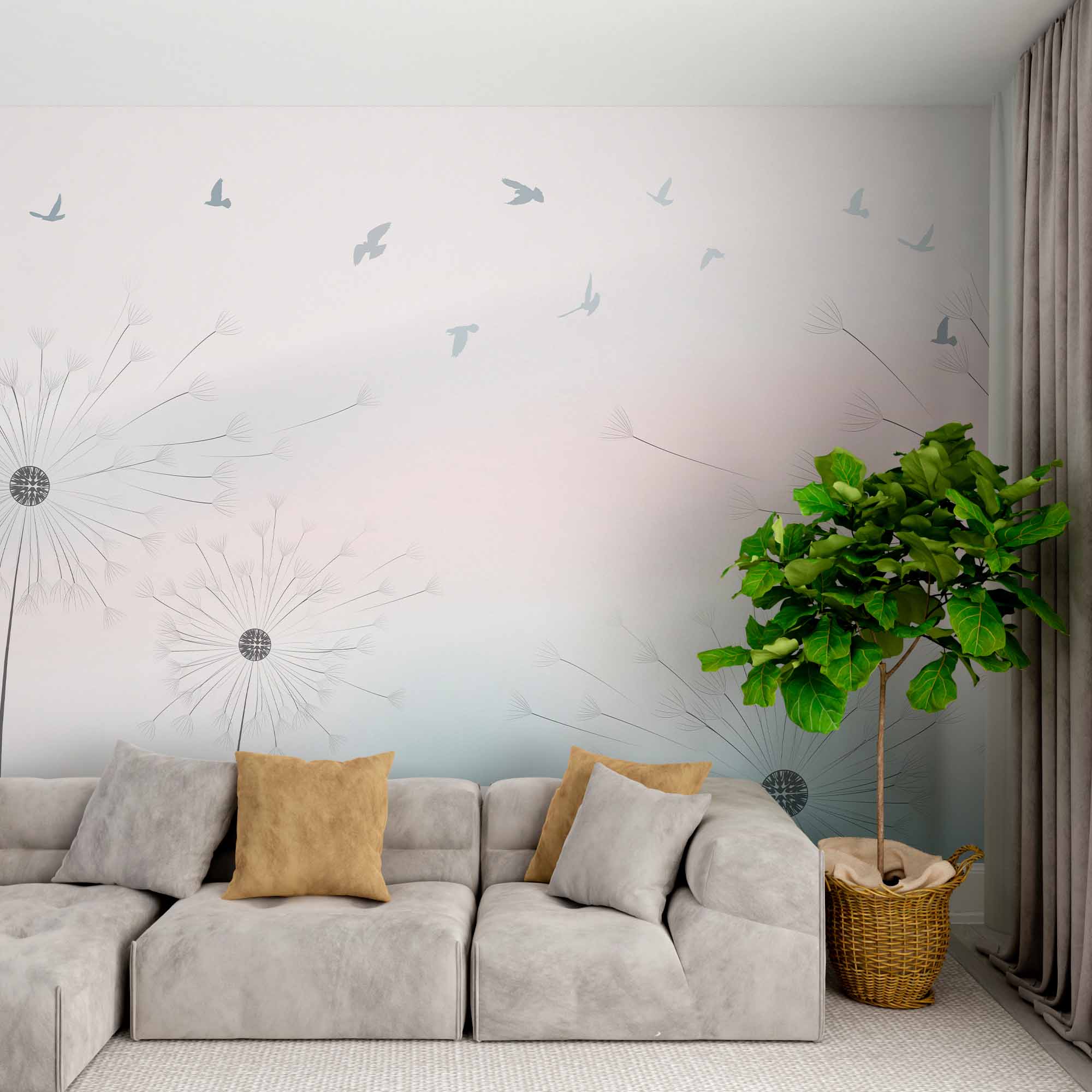 Serene Dandelion and Birds Wall Mural - Soft Pastel Gradient Background Wallpaper