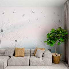 Custom Serene Dandelion and Birds Wall Mural - Soft Pastel Gradient Background Wallpaper