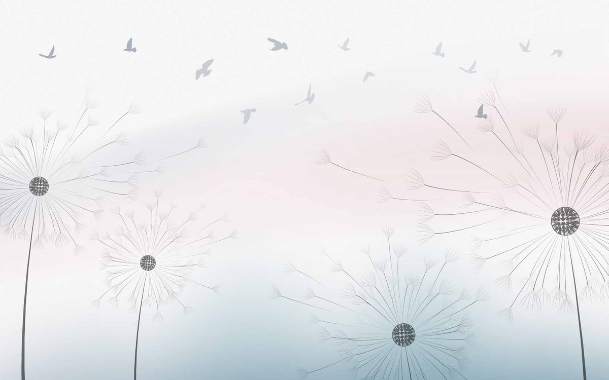 Papier peint pissenlits et oiseaux – Papier peint panoramique dégradé pastel doux