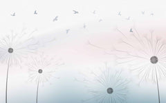 Custom Serene Dandelion and Birds Wall Mural - Soft Pastel Gradient Background Wallpaper