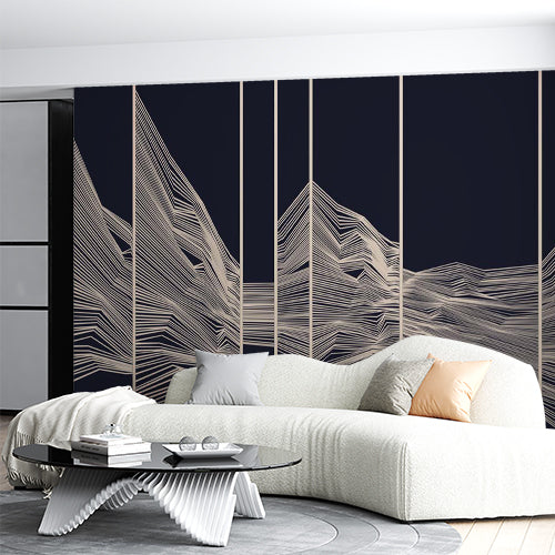 Contemporary White Line Art on Dark Background Wall Mural Wallpaper - Abstract Wave Design