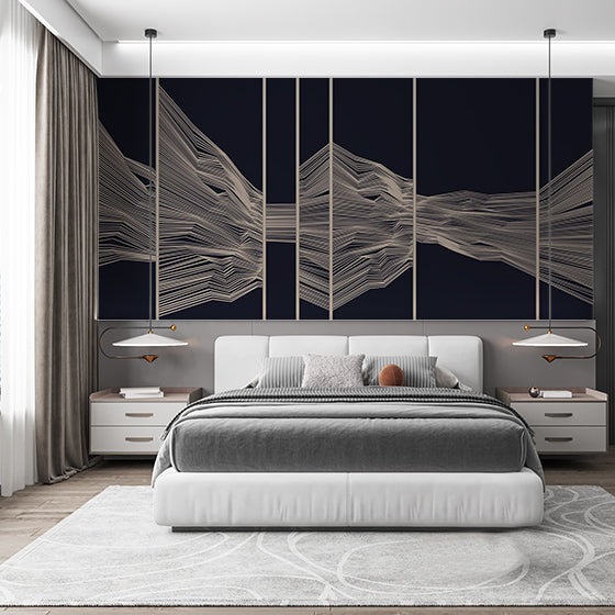 Custom Contemporary White Line Art on Dark Background Wall Mural Wallpaper - Abstract Wave Design