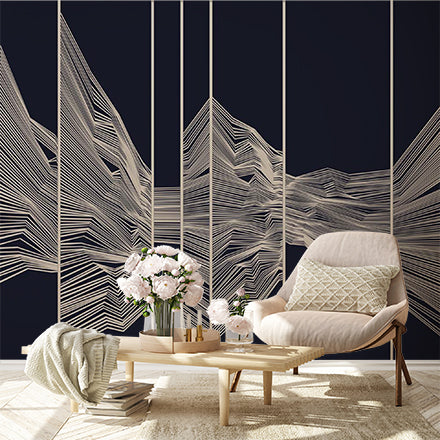 Contemporary White Line Art on Dark Background Wall Mural Wallpaper - Abstract Wave Design